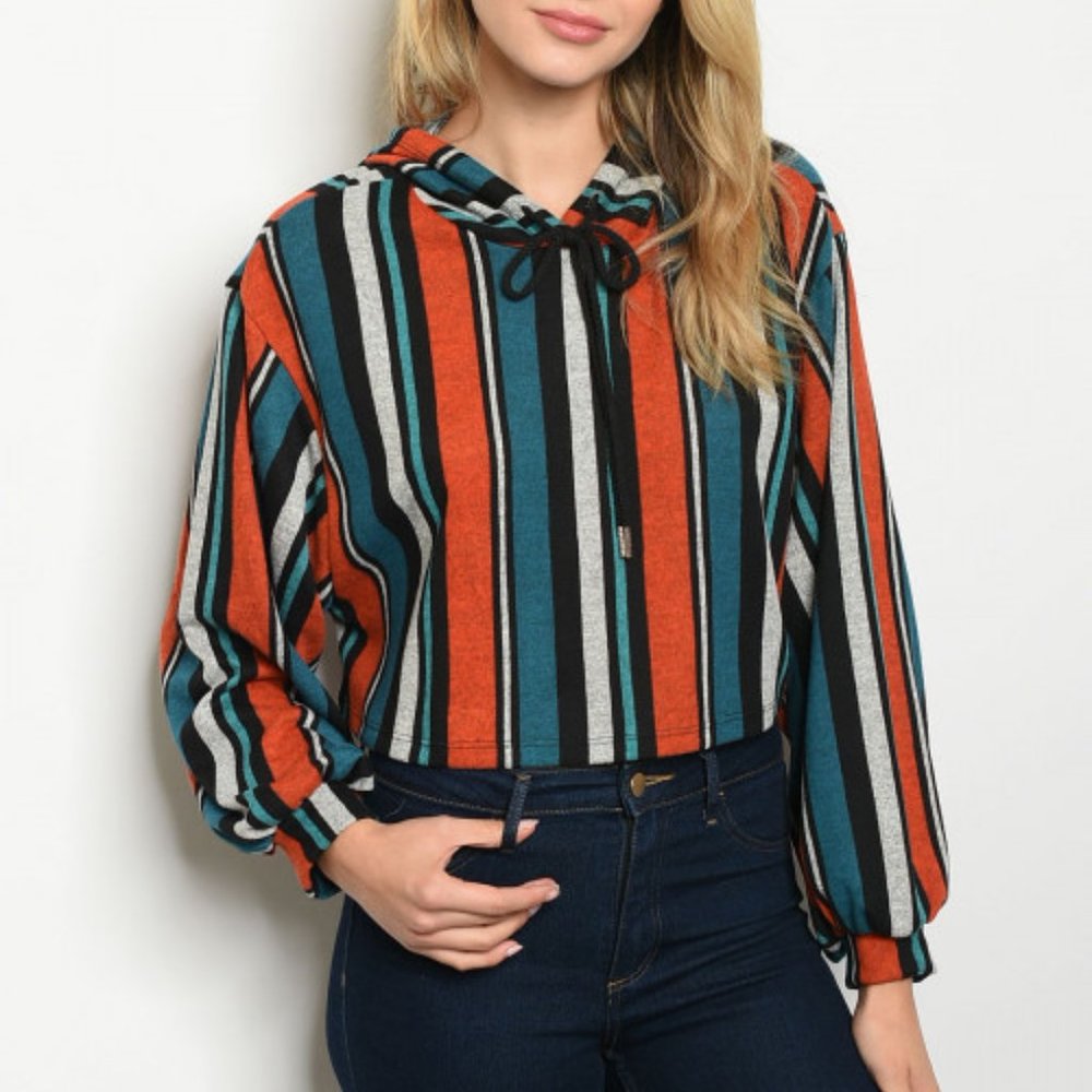 TEAL ORANGE STRIPES HOODIE TOP